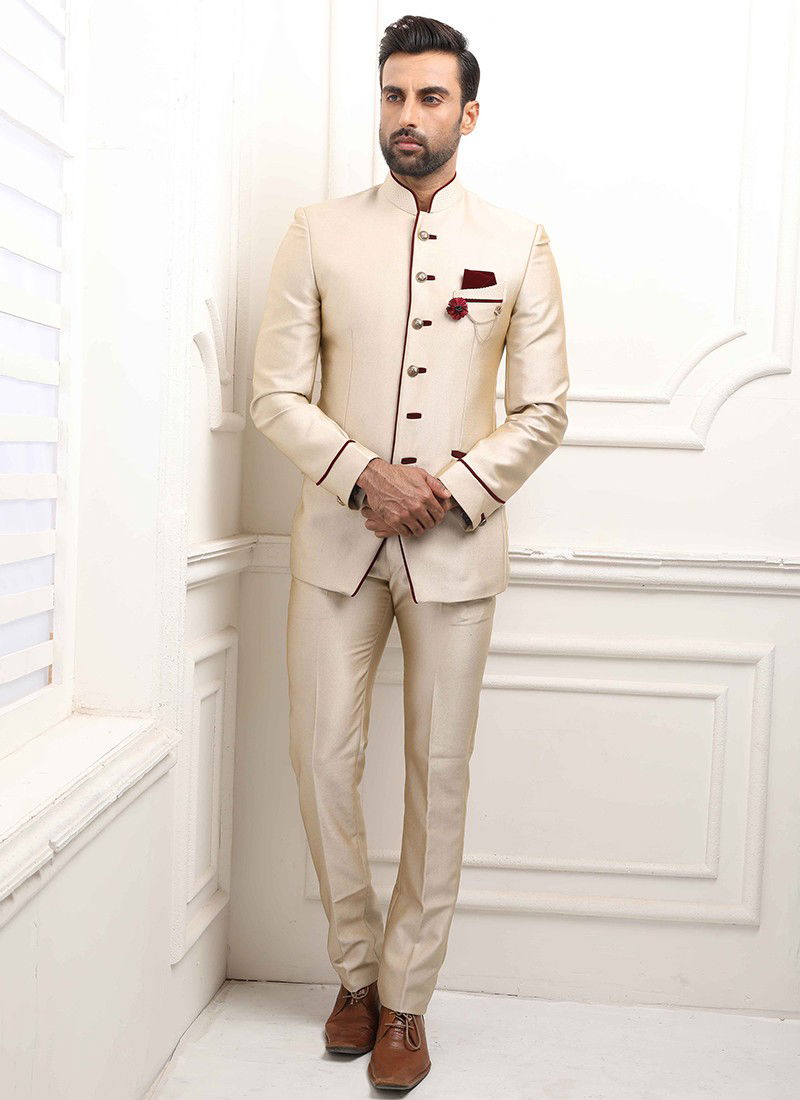 Cream Colour jodhpuri Stylish Fancy Function Wear Suiting Heavy Mens Collection 1317